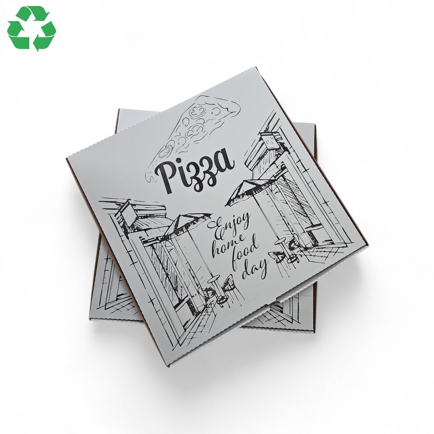 Cutie din carton pentru pizza, 50cm, 500x500x40mm, carton alb microondulat imprimat ' HAPPY WORD'